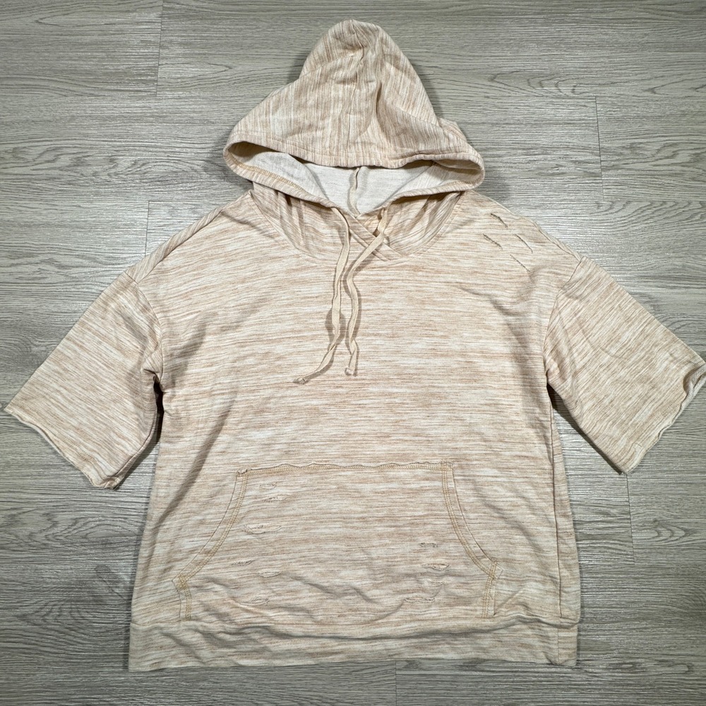 Mur Mur‎ Womens Hoodie Medium Beige Short Sleeve Distressed French Terry Cotton